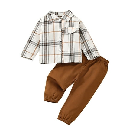 

Outfits for Girls Plaid Autumn Long Sleeve Shirt Solid Pants Lapel Casual Sports Style Suits for Kids Boys