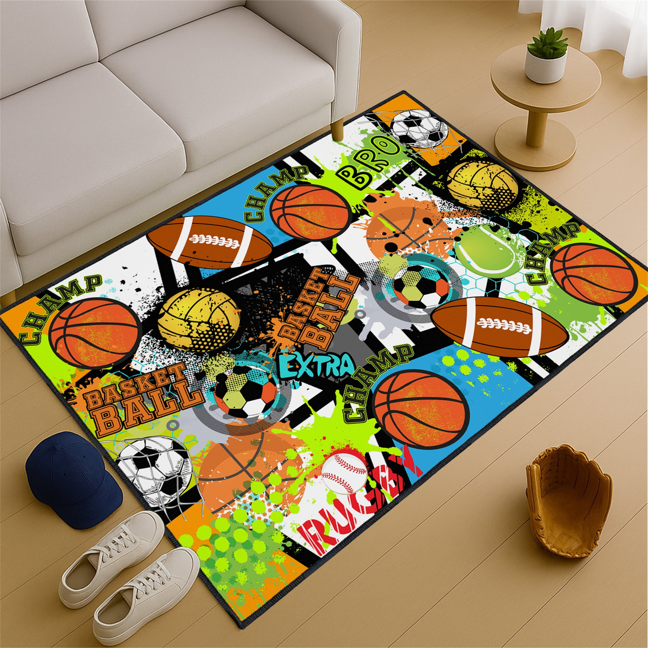 Sport Rug with Football,Basketball and Baseball Prints,Non-Slip 3x5ft Area Rugs for Bedroom Living Room Decor