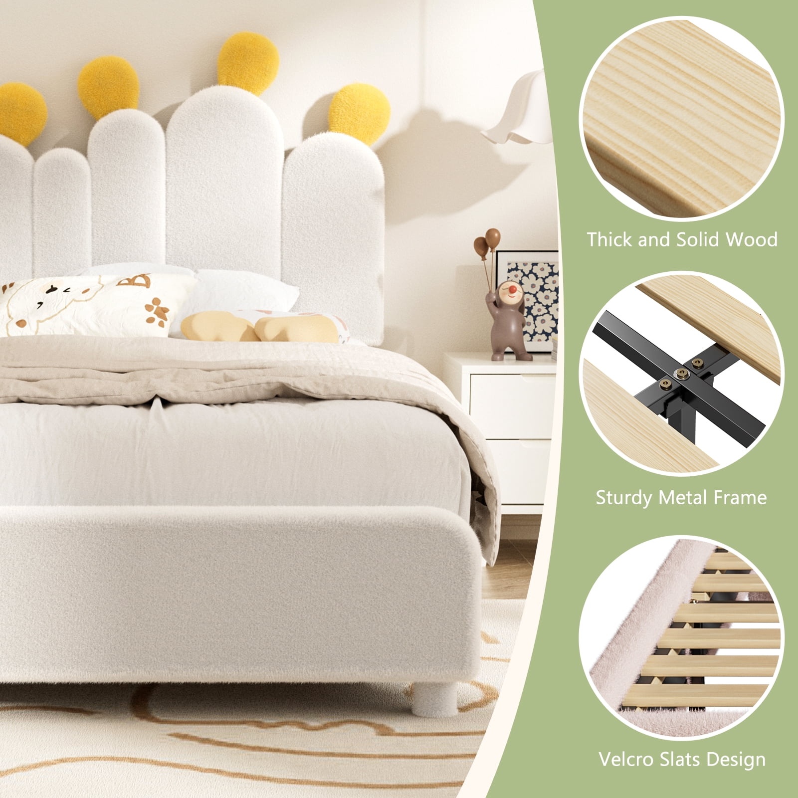 MOPHOTO Boucle bed frame Child Bed for Kids,Wood Upholstered Bed Frame with Adjustable Headboard,Standard Crib Size Toddler Bed,Certified Toddler Fabric Beds,Modern Platform Bed (White)