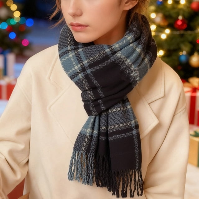 Bufanda de invierno cálida para mujer, tipo chal grande, ideal para clima frío. Bufanda larga de punto grueso a cuadros en negro y azul. Bufanda tipo manta con flecos, suave y ligera, unisex.