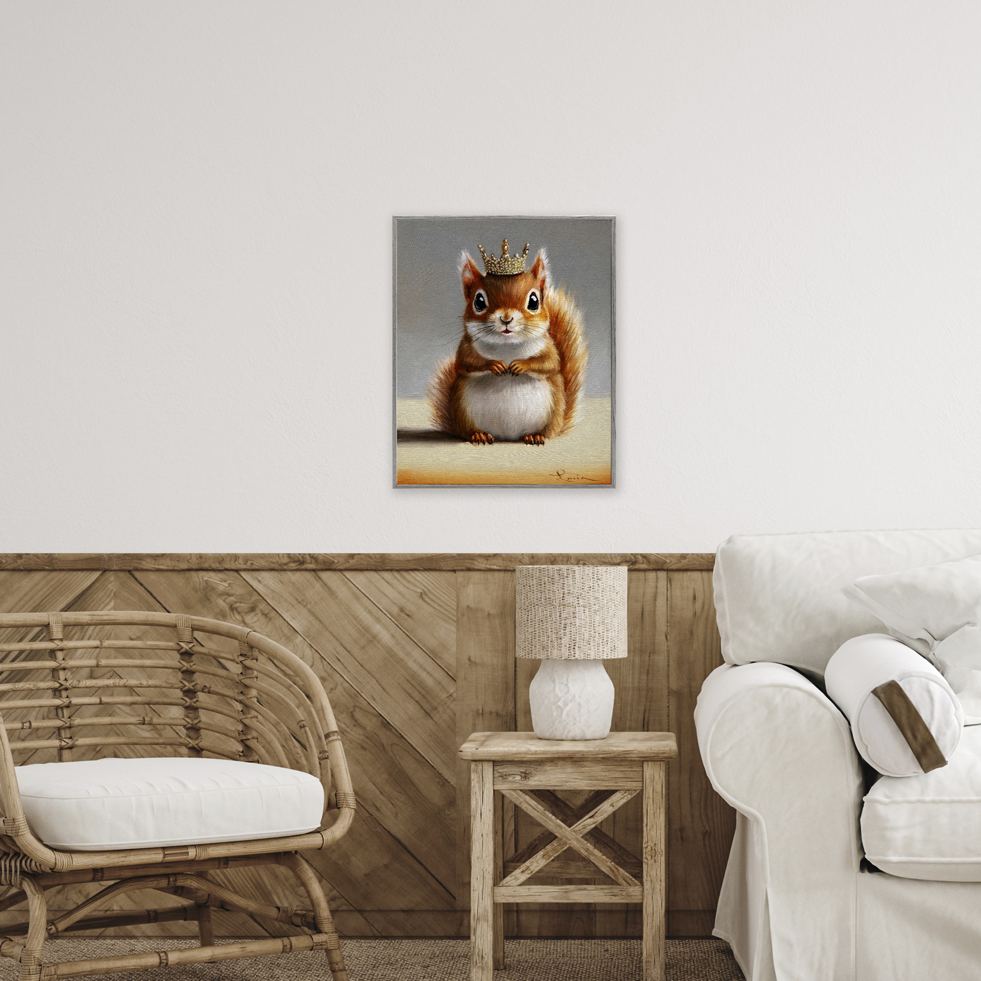 Fancy Crowned Squirrel Gray Framed Giclee Art, design by Lucia Heffernan