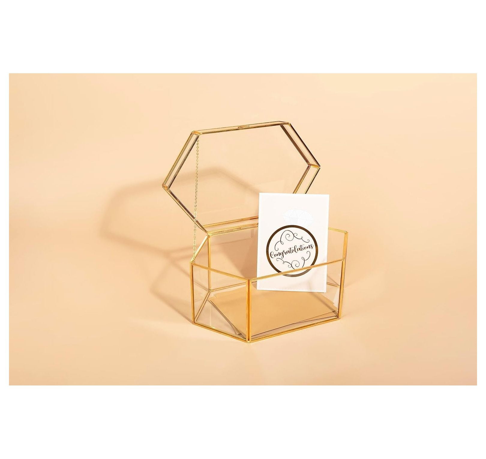 Glass Card & Gift Box for Weddings - Golden Brass Geometric Box for Birthday, Baby Shower, Graduation, Bridal Shower Gifts & Cards - Full Opening