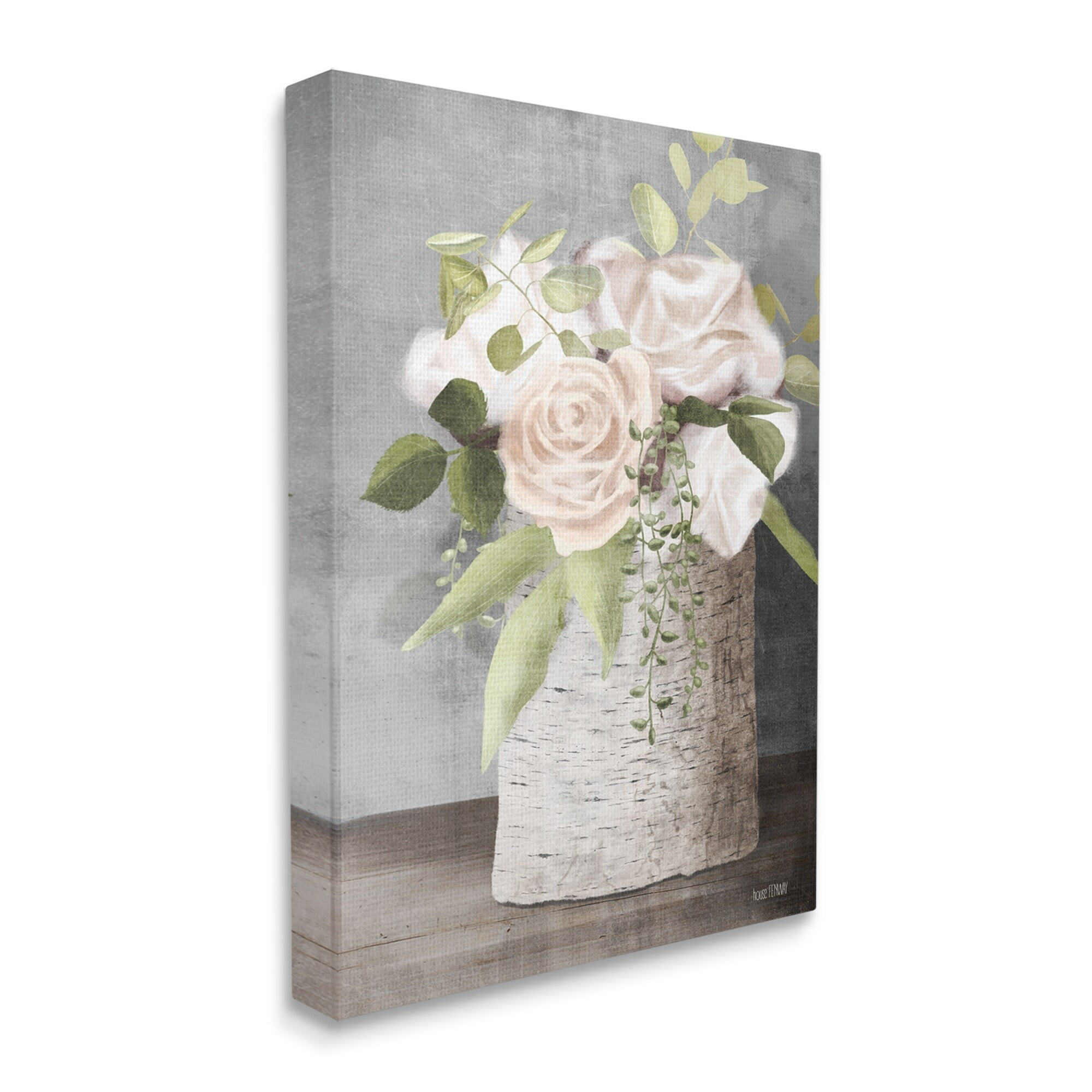 Stupell Industries White Roses and Botanicals on Birch Stump Painting, 16 x 20,Design by House Fenway