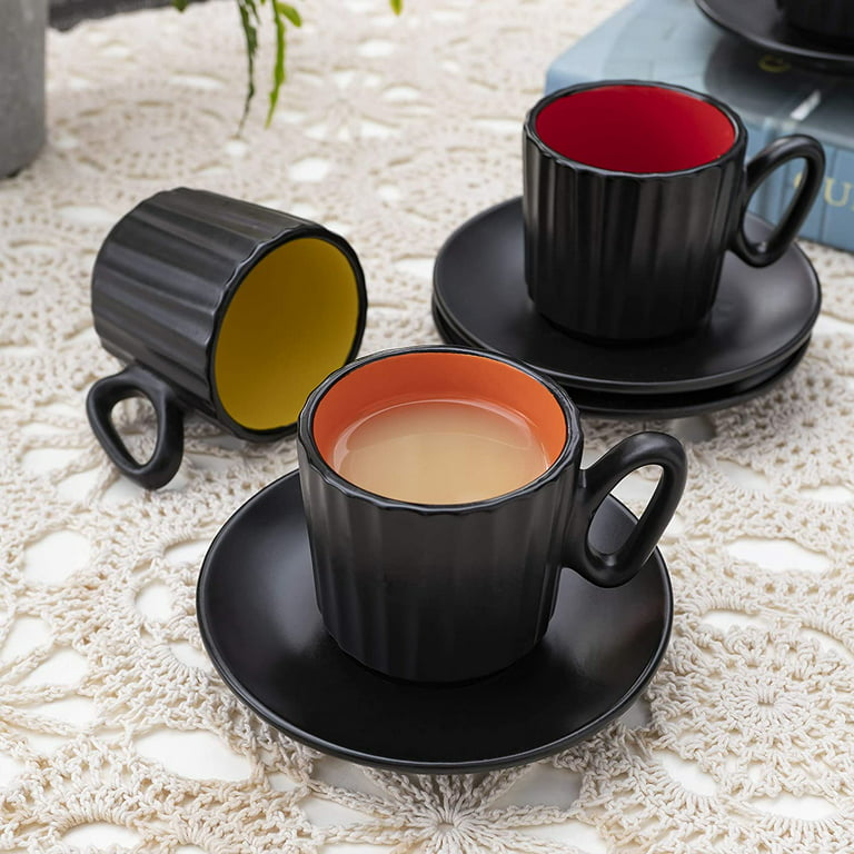 Set of 6 Coffee Mug Sets, 14 Ounce Ceramic Coffee, Ribbed Large-sized Black  Coffee Mugs
