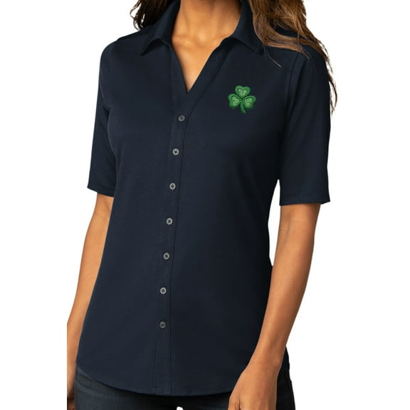 Womens Irish Shamrock Patch Button-Down Stretch Shirt, XL River Blue