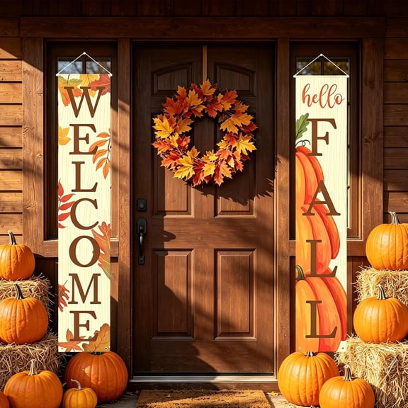 Fall Porch Banner Set, Welcome Fall Vertical Door Signs, Autumn Hanging Decorations for Front Door Porch Entryway Farmhouse Decor