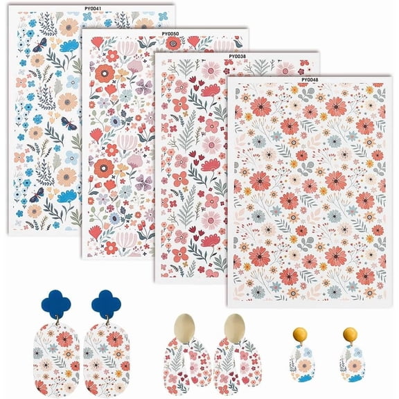 1Set 4Pcs Flower Ceramics Clay Transfer Paper 4 Styles Underglaze Transfer Decals Ceramic Decals Pottery Ceramics Clay Transfer Paper for DIY Earrings Pendants Hair Clip Jewelry Making