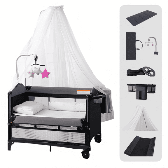 Unisex Nursery Center Portable Baby Play Yard Folding Playpen with Bassinet,Changing Table,Wheels,Elevated Mosquito Net for Newborn,Four-Panels