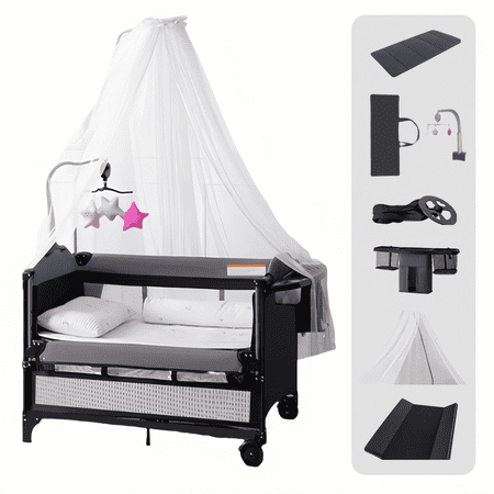 Unisex Nursery Center Portable Baby Play Yard Folding Playpen with Bassinet Changing Table Wheels Elevated Mosquito Net for Newborn Four-Panels