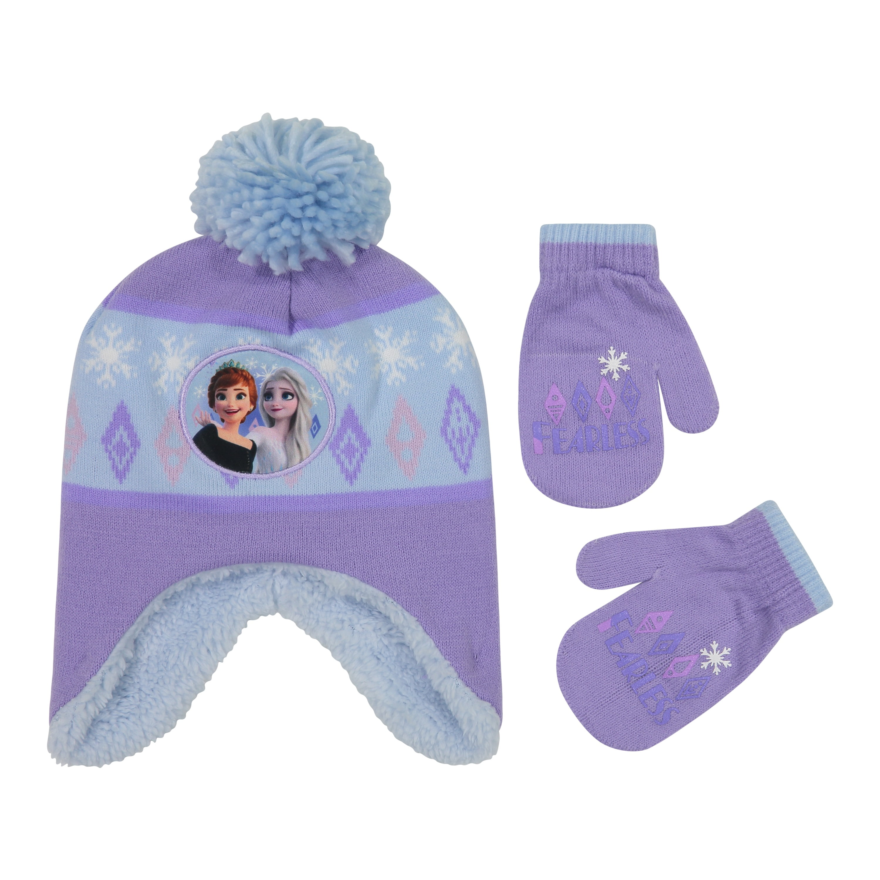 Childrens Girls Disney Frozen Character Hat & Gloves Set Kids Knitted Beanie 