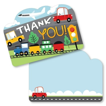 Big Dot of Happiness Cars, Trains, and Airplanes - Shaped Thank You Cards - Transportation Birthday Party Thank You Note Cards with Envelopes - 12 Ct