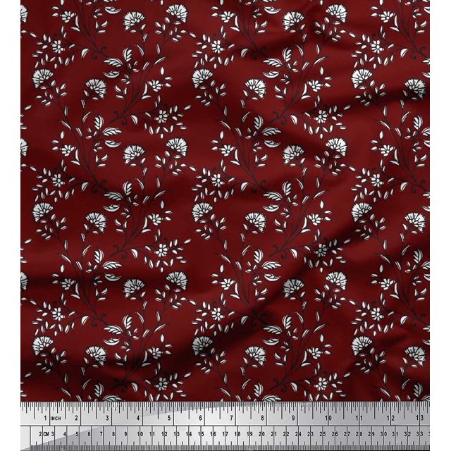 Soimoi Poly Georgette Fabric Leaves & Floral Block Printed Craft Fabric by The Yard 42 Inch Wide