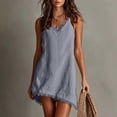 thumbnail image 2 of PRINxy Women's V Neck Spaghetti Strap Fringe Trim Cotton Linen Dress Asymmetric Hem Casual Short Dress for Summer Beach Vacation Gray XL, 2 of 9