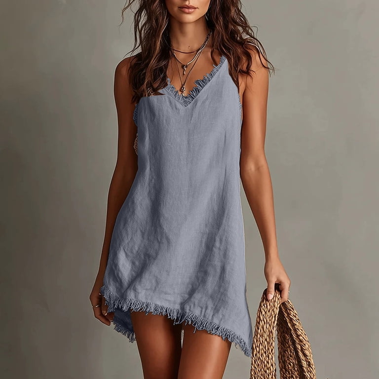 grey ripped dress Amkhujs Dresses for Women Trendy Asymmetrical Hem V Neck Mini Dresses Adjustable Spaghetti Strap Casual Everyday Dresses CHS Reno Sale
