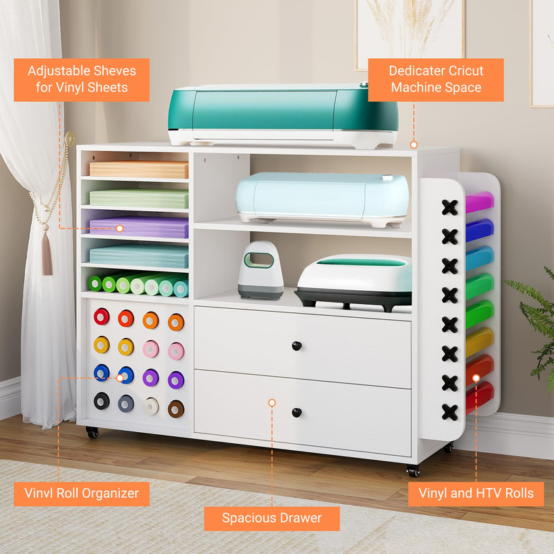 Craft Organization and Storage Cart Compatible with Cricut Machines, Rolling Craft Table Organizer with 2 Drawers & 24 Vinyl Roll Holder for Craft Room Home