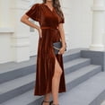 thumbnail image 4 of OSFVNOXV Maxi Dresses for Women Vintage Velvet Dress High Waisted Short Sleeve V-Neck Flowy Gown Wedding Guest Party Dress, 4 of 4