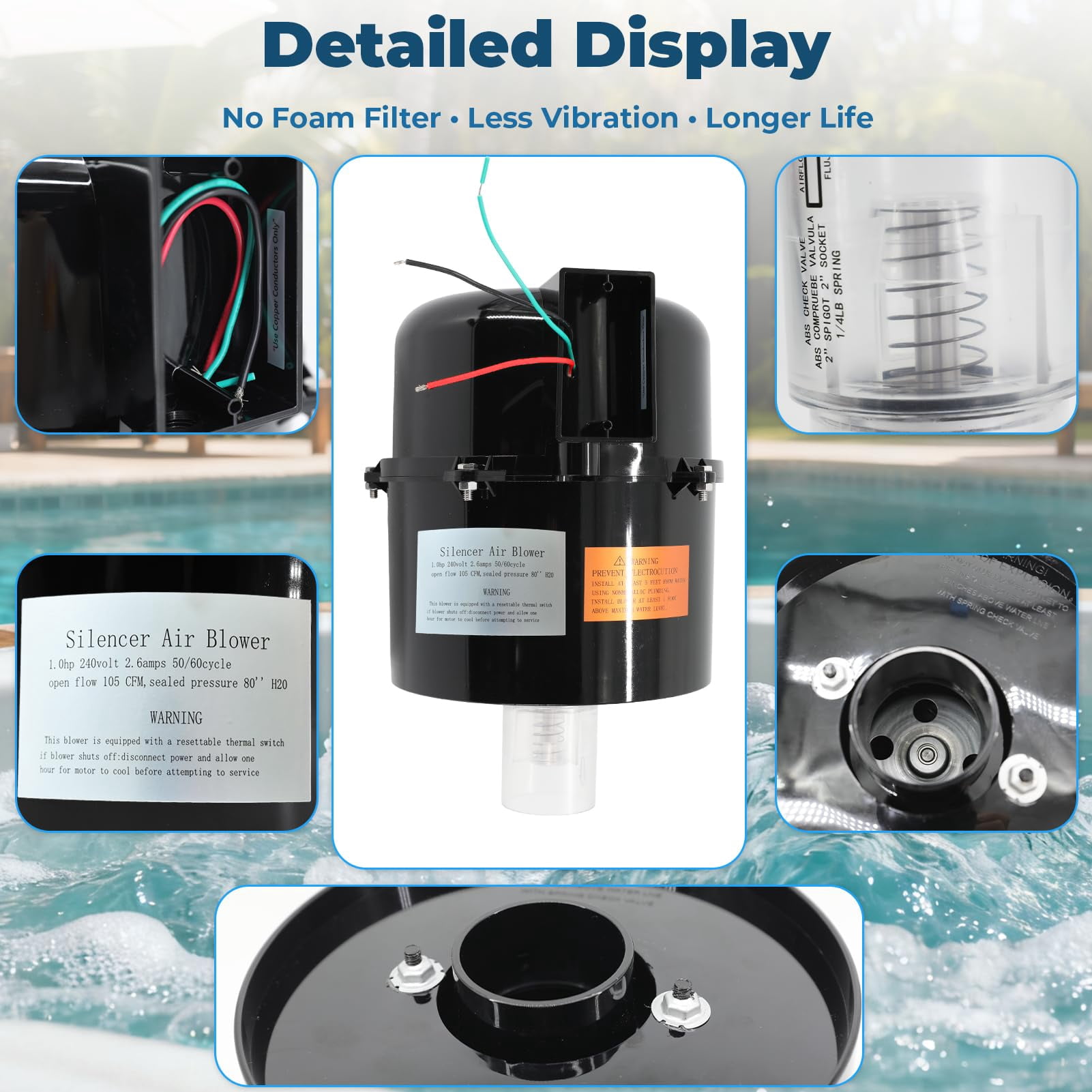 6310241 Silencer Spa Blower 1 HP 240 Volt 2.6 Amps Replacement for Air Supply, for use with 2 inch Plumbing, Quiet and Shock-Absorbing, Easy Installation, for Pool Hot Tub & Spa