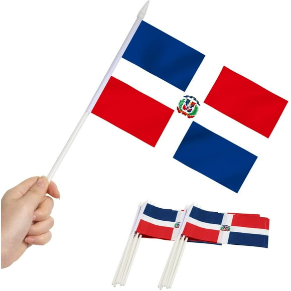 Anley Dominican Mini Flag 12 Pack - Hand Held Small Miniature Dominican Flags on Stick - 5x8 Inch with Solid Pole & Spear Top