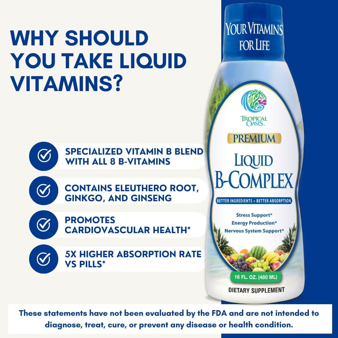 Tropical Oasis B-Complex Liquid Vitamin Supplement for Energy Production and Nervous System Support, 16 fl oz, 32 Servings