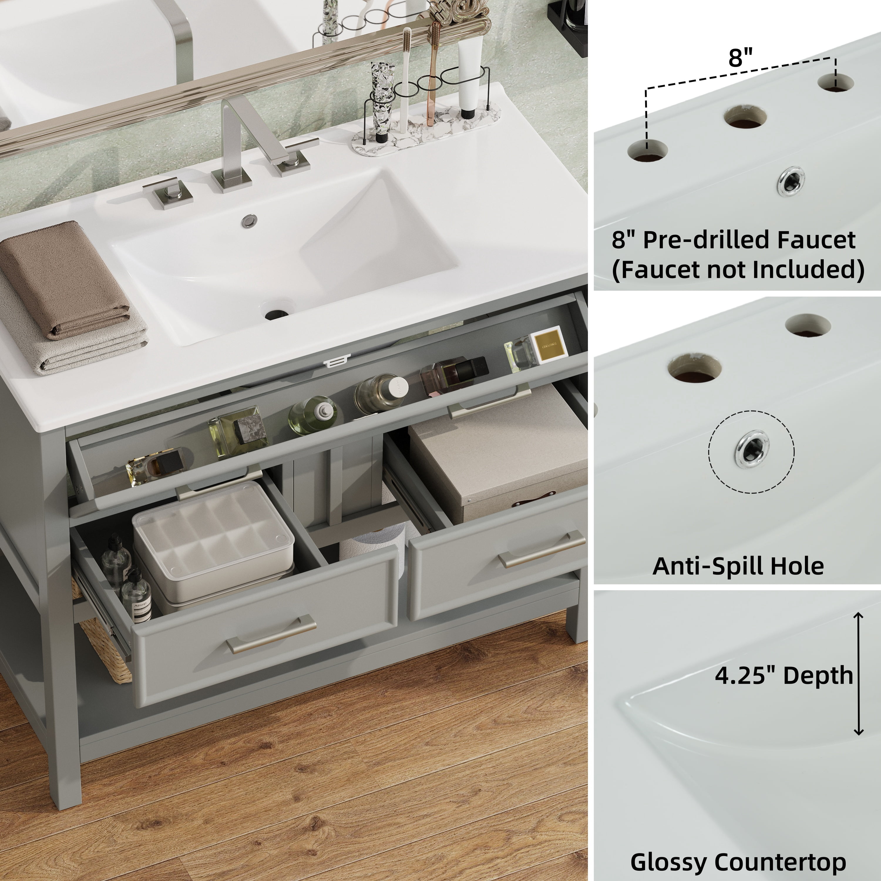 Euroco 36" Bathroom Vanity with Ceramic Sink, Bathroom Vanity with Tip-Out Tray and 2 Full-Extension Drawers, Silver Pulls and Soft Close Drawer Slides Design, 1 Open Shelf at the Bottom, Gray