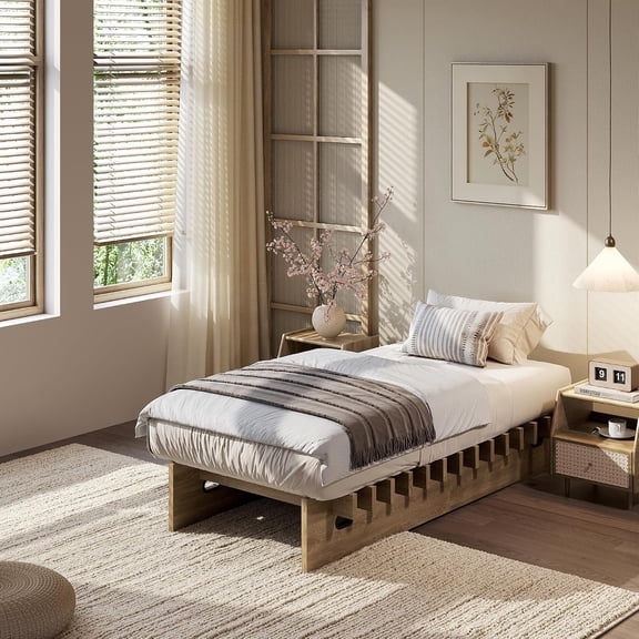 Twin Size Wood Platform Bed Frame - Tool-Free Easy Assembly in Minutes - Low Profile Platform Bed Frame, No Box Spring Needed, Noise-Free & Sturdy Support, Walnut Finish