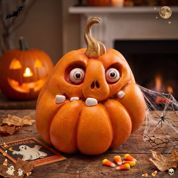 Halloween Pumpkin Statue, Funny Goofy Face Resin Figurine, Whimsical Crazy Eyed Fall Tabletop Decor for Mantel and Shelf,Home Ornament