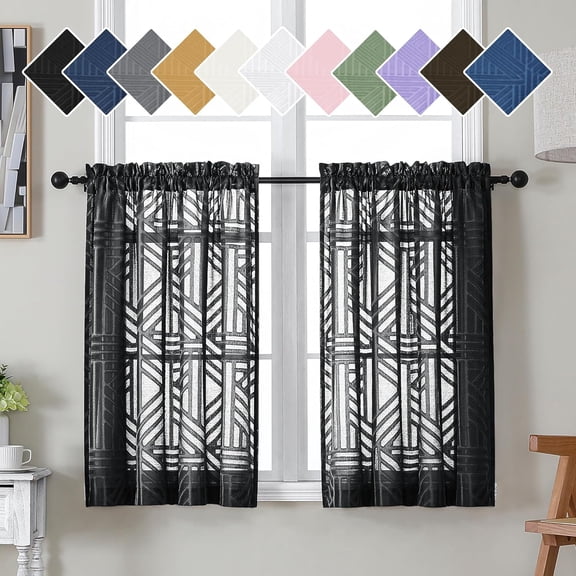 Black Sheer Kitchen Curtains Tier Curtains 2 Panels, Light Filtering Geometric Jacquard Clip Textured Semi Sheer Window Curtains for Bathroom