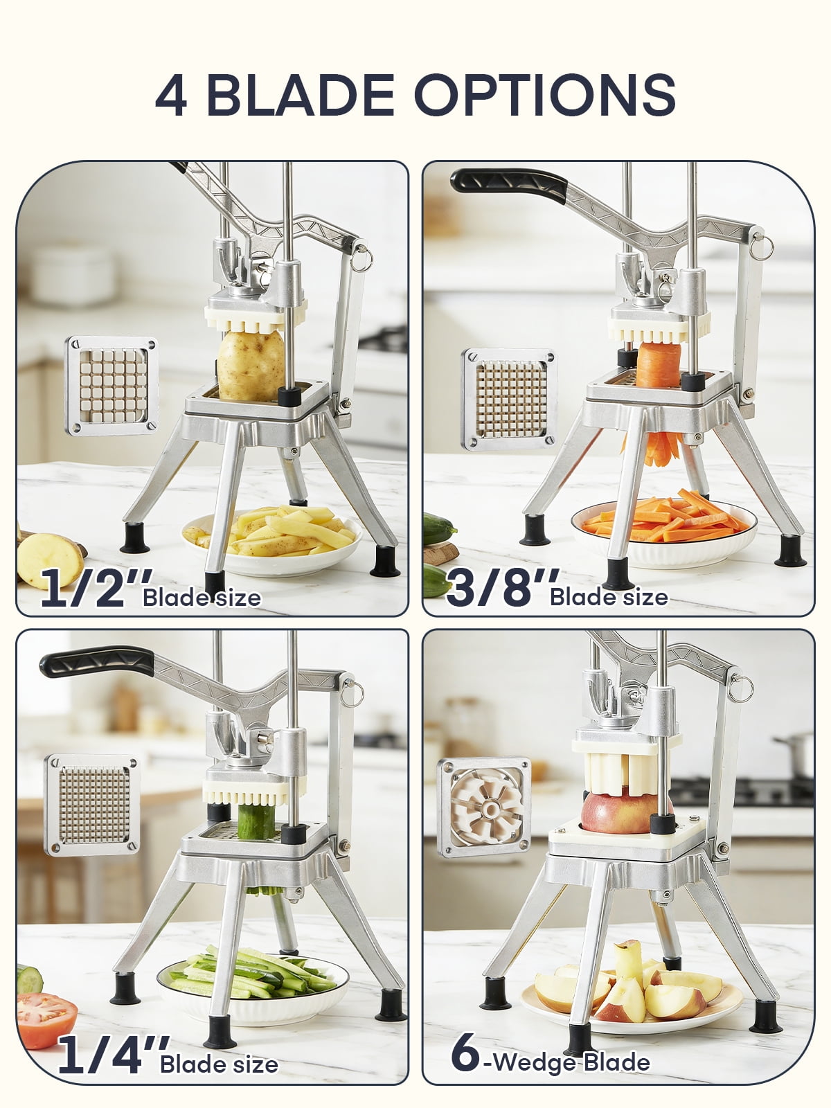 FOHERE Commercial Vegetable Fruit Chopper, W/6-Wedge Slicer&1/4″&3/8″&1/2" Blade Professional Food Dicer French Fry Cutter Onion Slicer Stainless Steel For Tomato Peppers Potato Mushroom