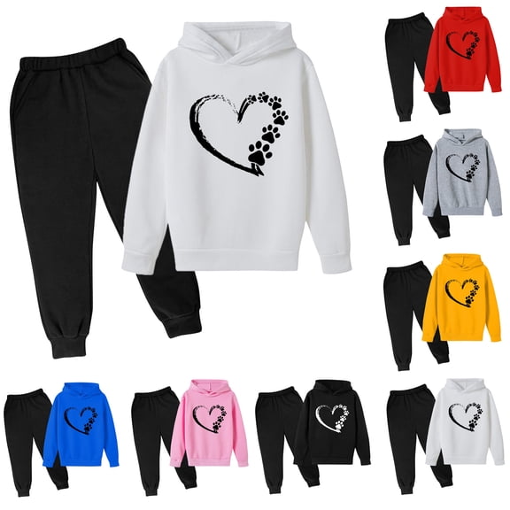 Shadoumai Girls Hoodie and Sweatpants Set Heart Print 2 Piece Outfits for Kids with Hood Fall Casual Children Sweat Suits,White(11-12 Years)
