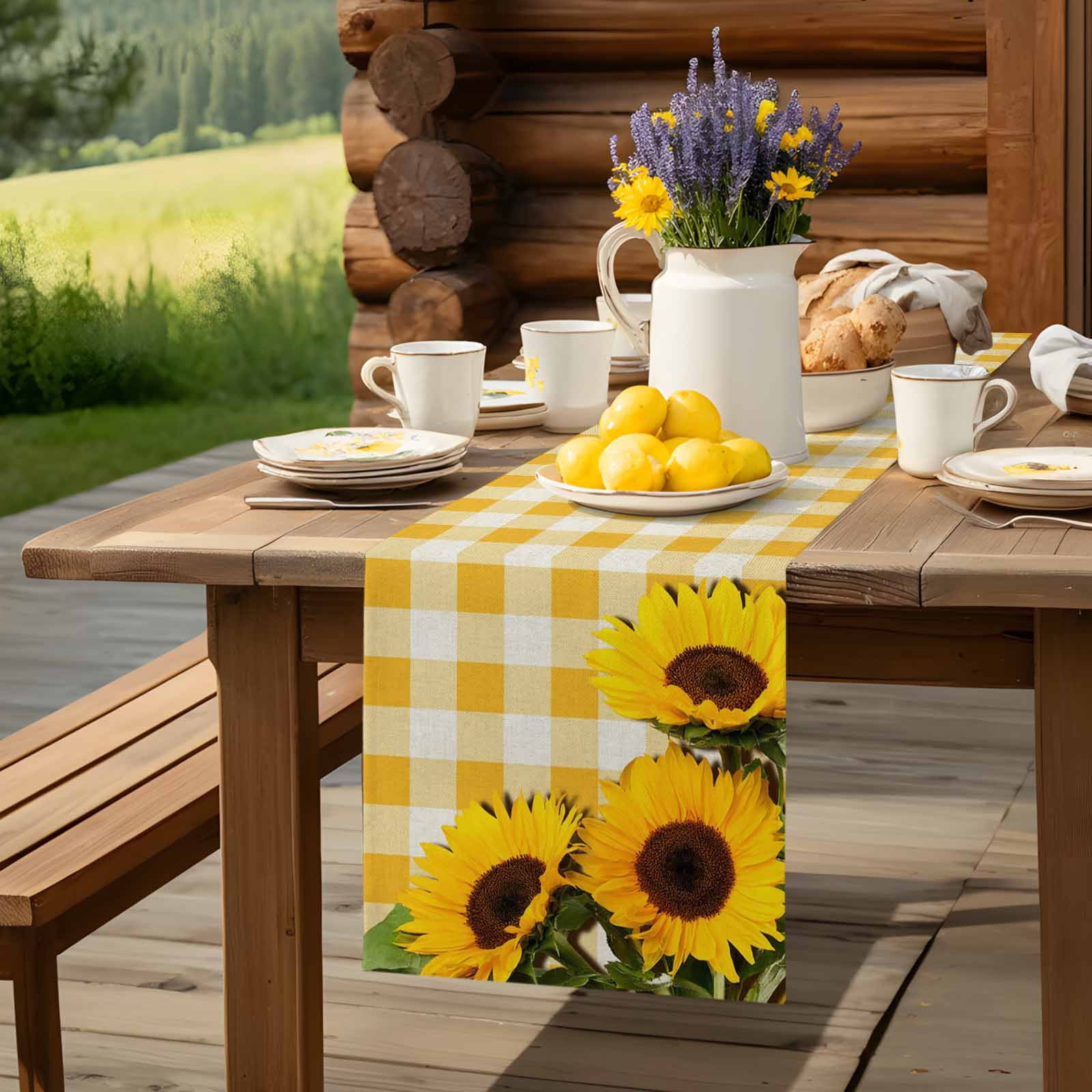 Watercolor Sunflowers Leaves on Retro Table Runner 90 Inches Long, Yellow White Plaid Table Runners Tabletop Scarf Kitchen Dining Tables Decoration for Home Party Indoor Outdoor