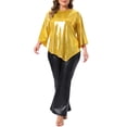 thumbnail image 2 of Agnes Orinda Women's Plus Size School College Metallic Top Glitter Crew Neck 3/4 Bell Sleeve Asymmetric Hem Club Party Shiny Blouse 3X Gold, 2 of 6