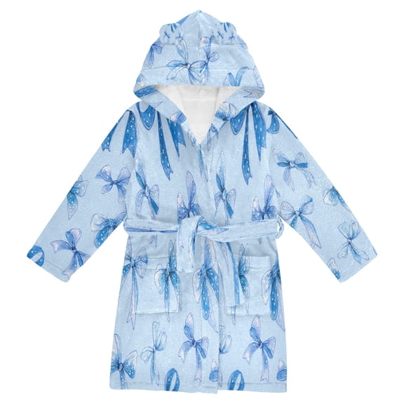 RMDQTR Hooded Fleece Bathrobe with Removable Belt and Pockets Soft and Absorbent for Home, Pool, Beach, Halloween, and Christmas Wear Blue Bows and Ribbons