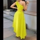 thumbnail image 4 of Vestido Midi de Cóctel para Mujer, con un Hombro Descubierto, Espalda Descubierta, Dobladillo Cruzado, Fruncido y Torcido, para Fiesta de Verano. Amarillo-Verde S, 4 of 10