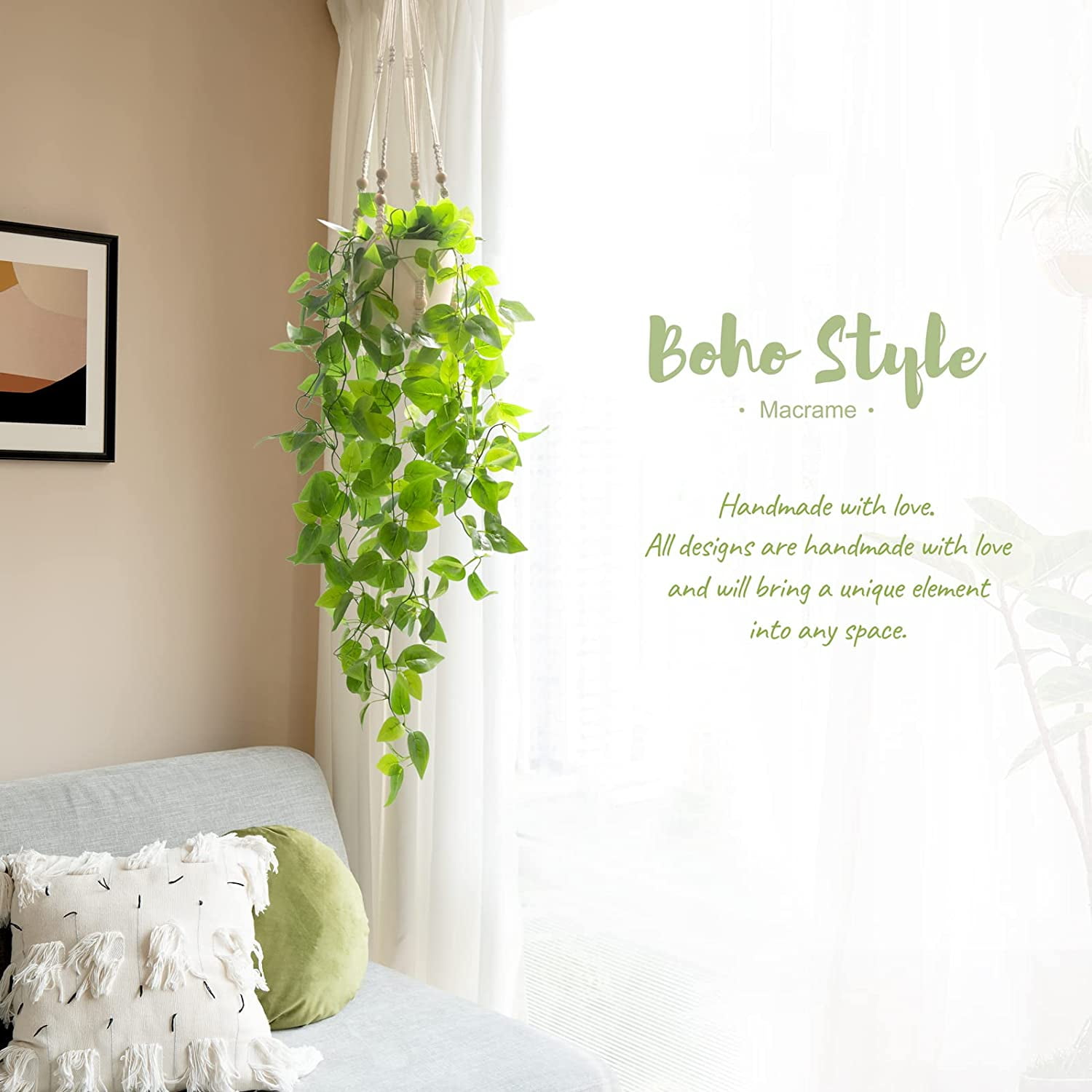 NANAHuang Fake Hanging Plant with Pot, Artificial Plants for Home Decor Indoor Macrame Plant Hanger with Faux Vines Hanging Planter Greenery for Bedroom Bathroom Kitchen Office Decor, Ivory (Pothos)