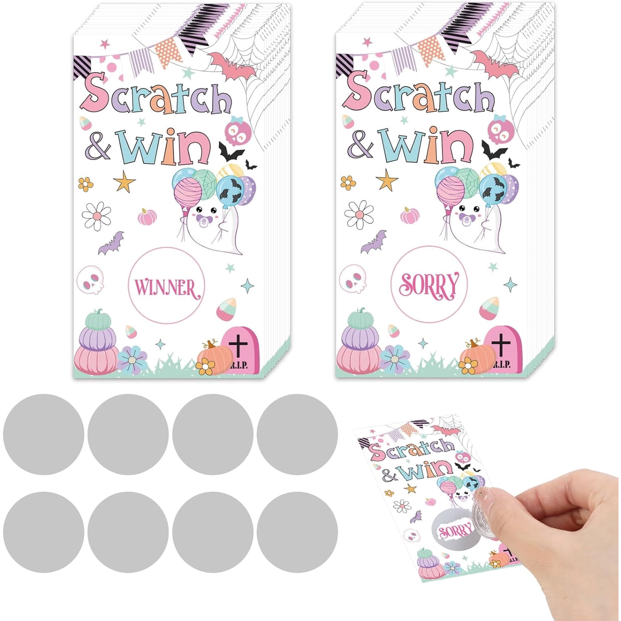 Halloween Scratch Off Cards, 50 PCS Pastel Ghost Scratch Off Cards, Halloween Party Game, Halloween Lottery Prize Raffle Tickets for Boo Baby Shower Spooky Birthday