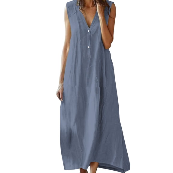 Linen Maxi Dresses for Women V Neck Button Sleeveless Flowy Long House Dress Summer Vacation Beach Lounge Sundresses