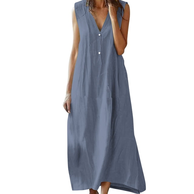 GreatBaby Robe Maxi pour Femme Sans Manches à Col en V, Décorative, Boutonnée devant, Aspect Lin, Coupe Ample, Couleur Unie, Légère, pour le Quotidien, Décontractée et les Journées Chaudes
