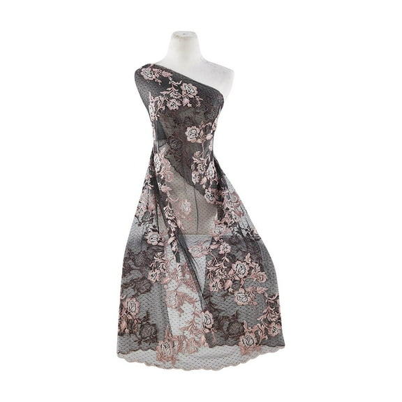 Zelouf Stiched Floral Embroidery Dot Mesh  , Sewing, DIY, Crafts Fabric by the Yard, Mauve/blush/blk, 3 Yard