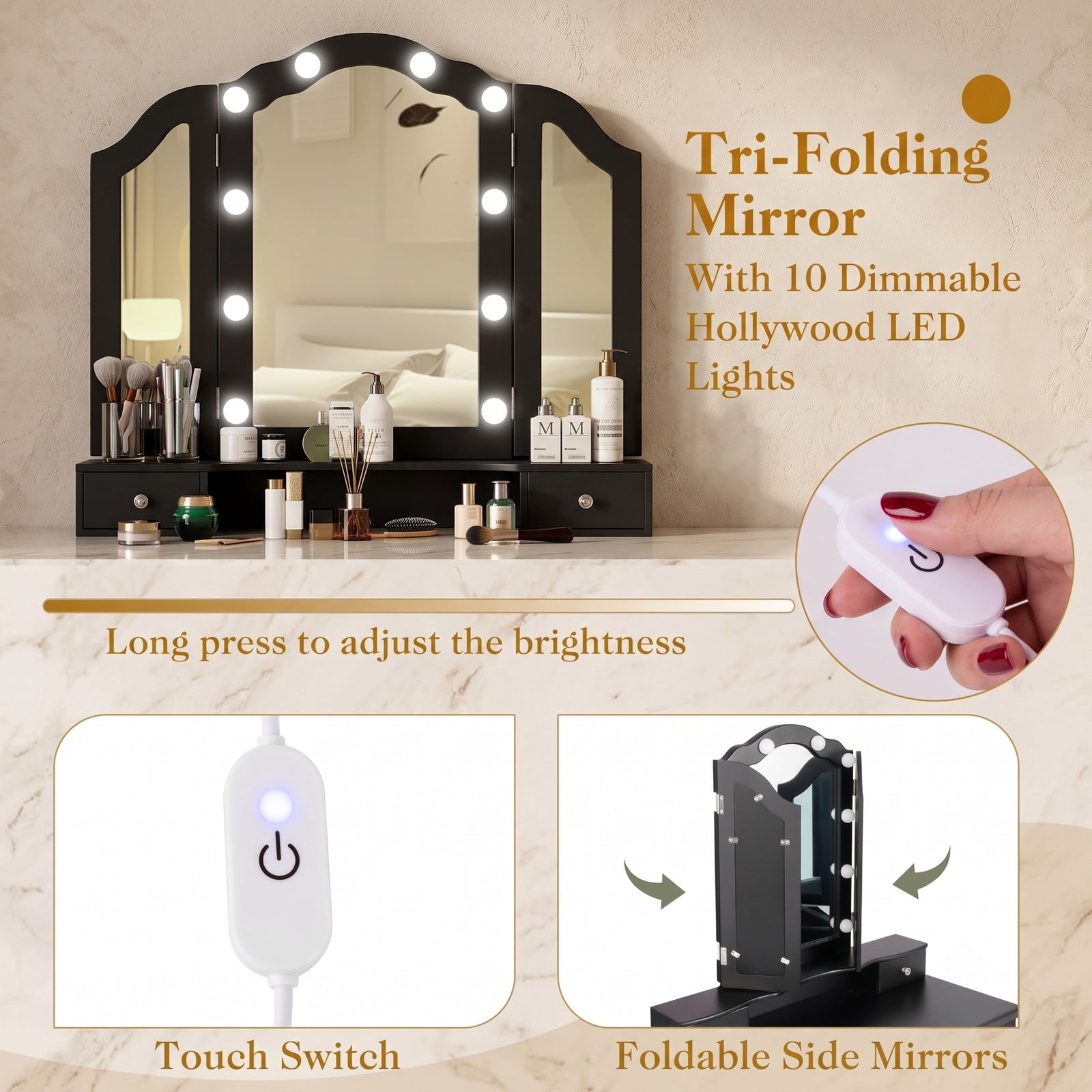 Furnibear Makeup Vanity Table Set with Tri Folding Lighted Mirror and Drawers and Cushioned Stool for Bedroom and Dressing Room, Black