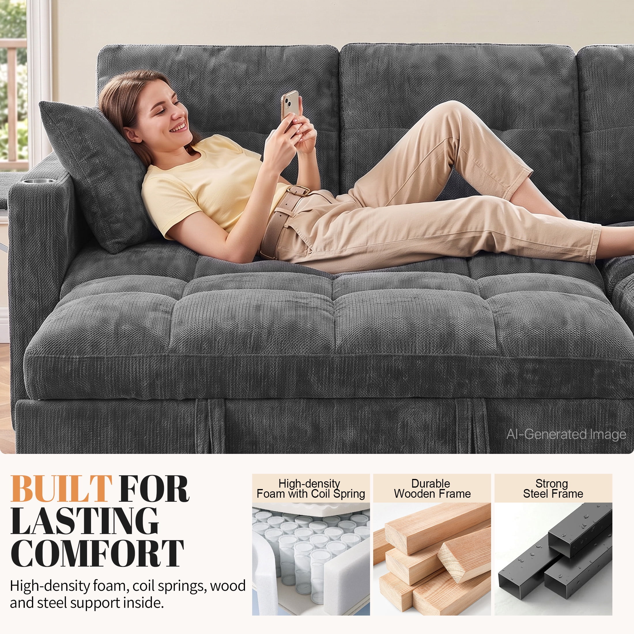 Aukfa 81" L Shape Sleeper Sectional Sofa Bed, Chenille Convertible Couch with Storage Chaise, Side Table & USB/Type-C Ports,Gray