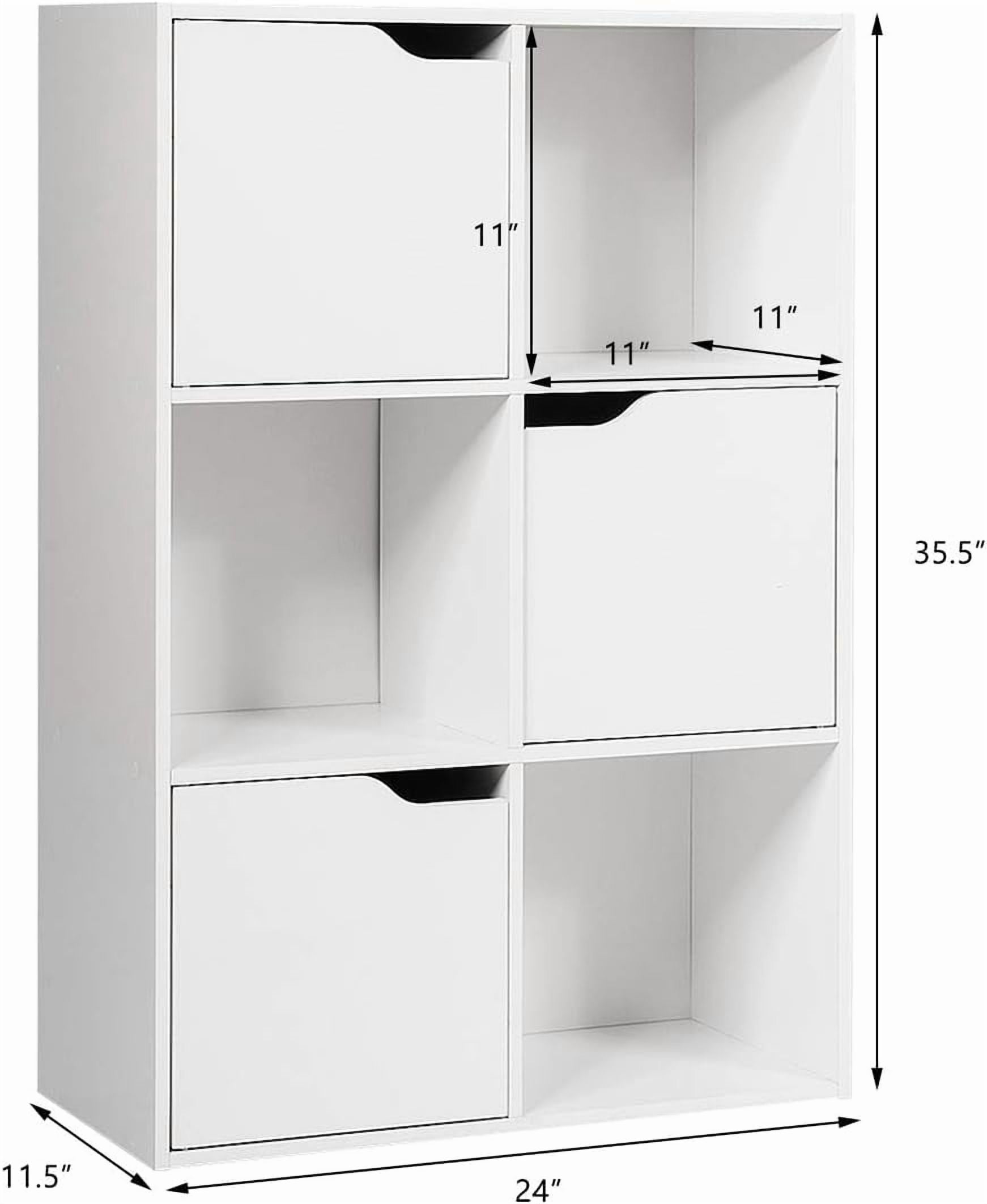 Favory 6-Cube Storage Organizer, Storage Cabinet with 4 Open Cubes and 5 Cabinets, Freestanding Wooden Cubby Bookcase, Compartment Units for Home Office, 3-Tier Bookshelf for Books,White