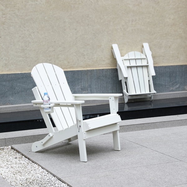 Folding Adirondack Chair, Large Seat Tall Backrest Wide Armrests, Integrated Cup Holder, 350 lbs Weight Capacity, All-Weather Outdoor Chair, for Patio Garden Porch Backyard