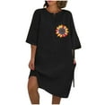 thumbnail image 3 of lcziwo Holiday Dresses for Women 2026 Cotton Linen Short Sleeve Wedding Guest Dress Solid Color Loose Flowy Crew Neck Casual Dress Black XXL, 3 of 5