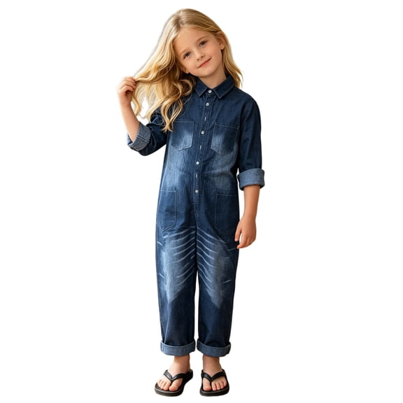 Tfken Girls Denim Jumpsuit Long Sleeve Fall Comfy Casual Bodysuit Button Daily Wear Soft Kids Classic Clothes Size 4-5 Years Blue