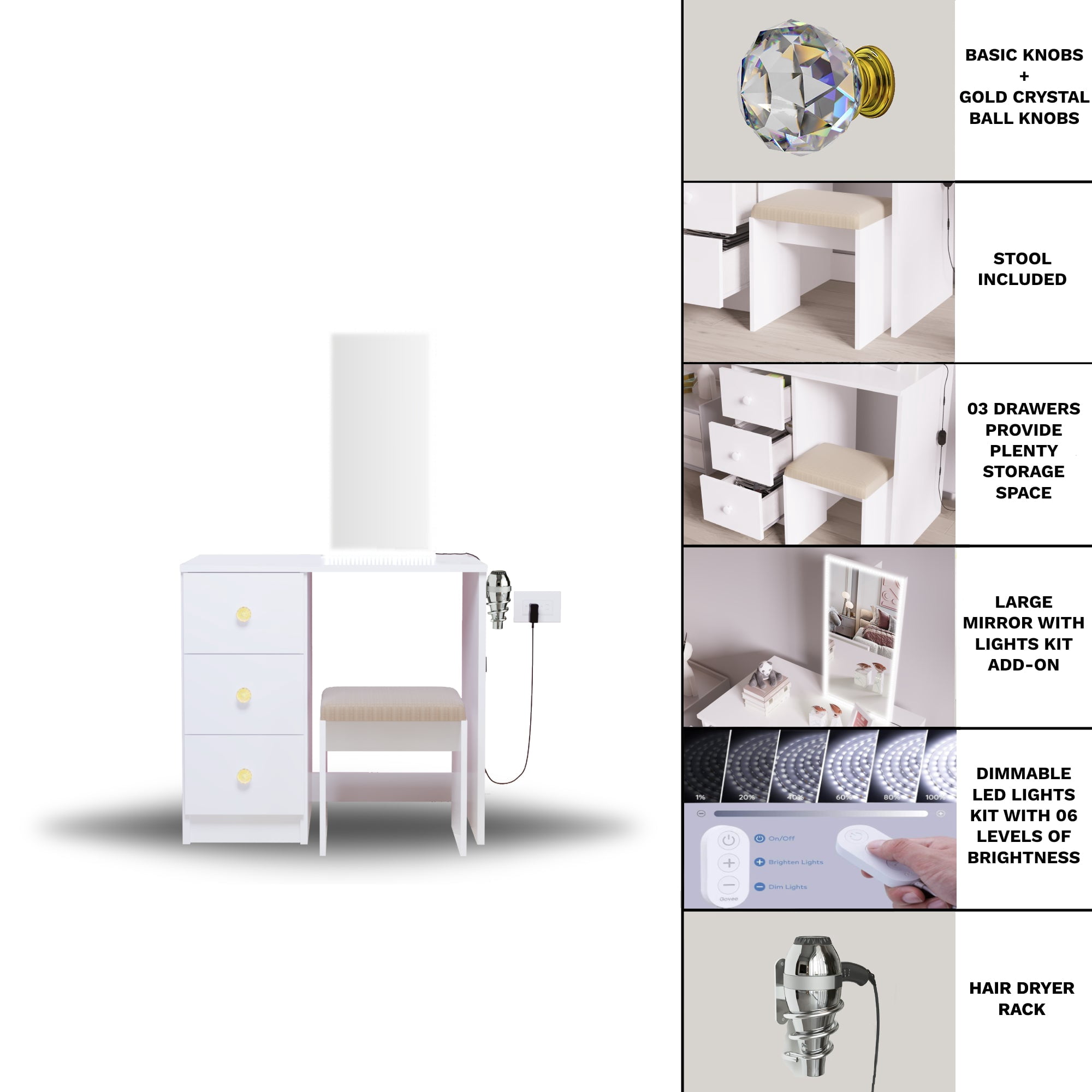 Ember Interiors Small Kids Vanity with LED Lights, Makeup Chair, Gold Crystal Ball Knobs, White