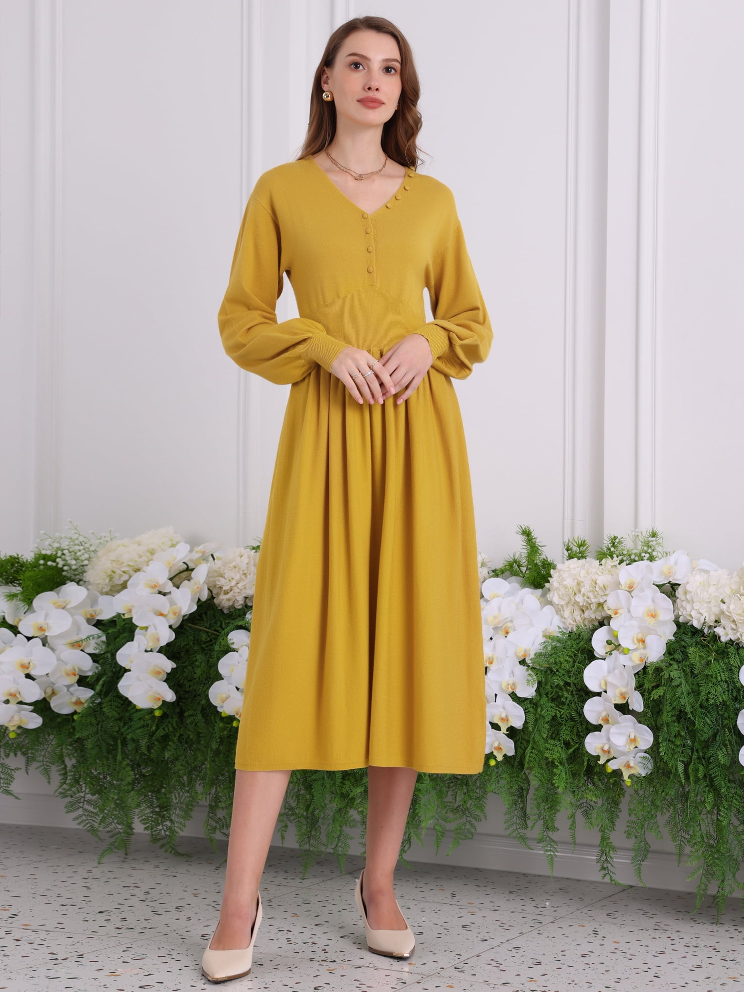 DARING DIVA Long Sleeve Sweater Ribbed Knit Midi A-Line Dress L Dark Yellow