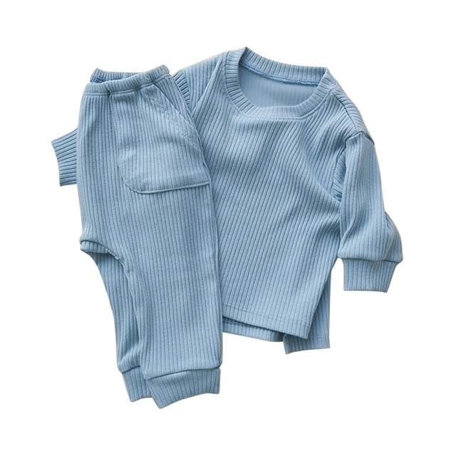 EDFBUYKRS Toddler Kids Babys Girls Boys Spring Winter Solid Ribbed Long Sleeve Pants Sweatshirt Sleepwear Set Outfits