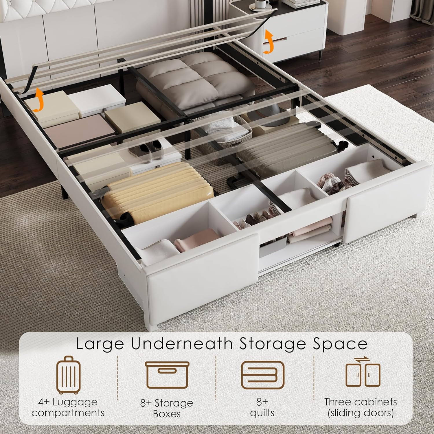 Queen Size Bed Frame with Storage, LED Bed Frame Queen with Adjustable Headboard, Upholstered Velvet Platform Queen Bed Frames with Charging Station, Wooden Slats Support, No Box Spring Needed, White