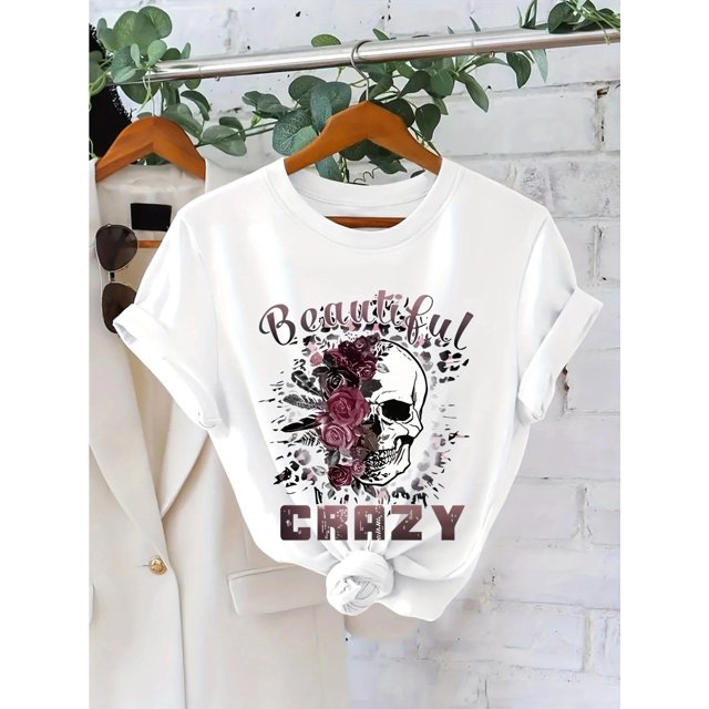 Halloween T-shirt - Skull Print T-shirt, Short Sleeve Crew Neck Casual Top For Summer & Spring, Women's Clothing