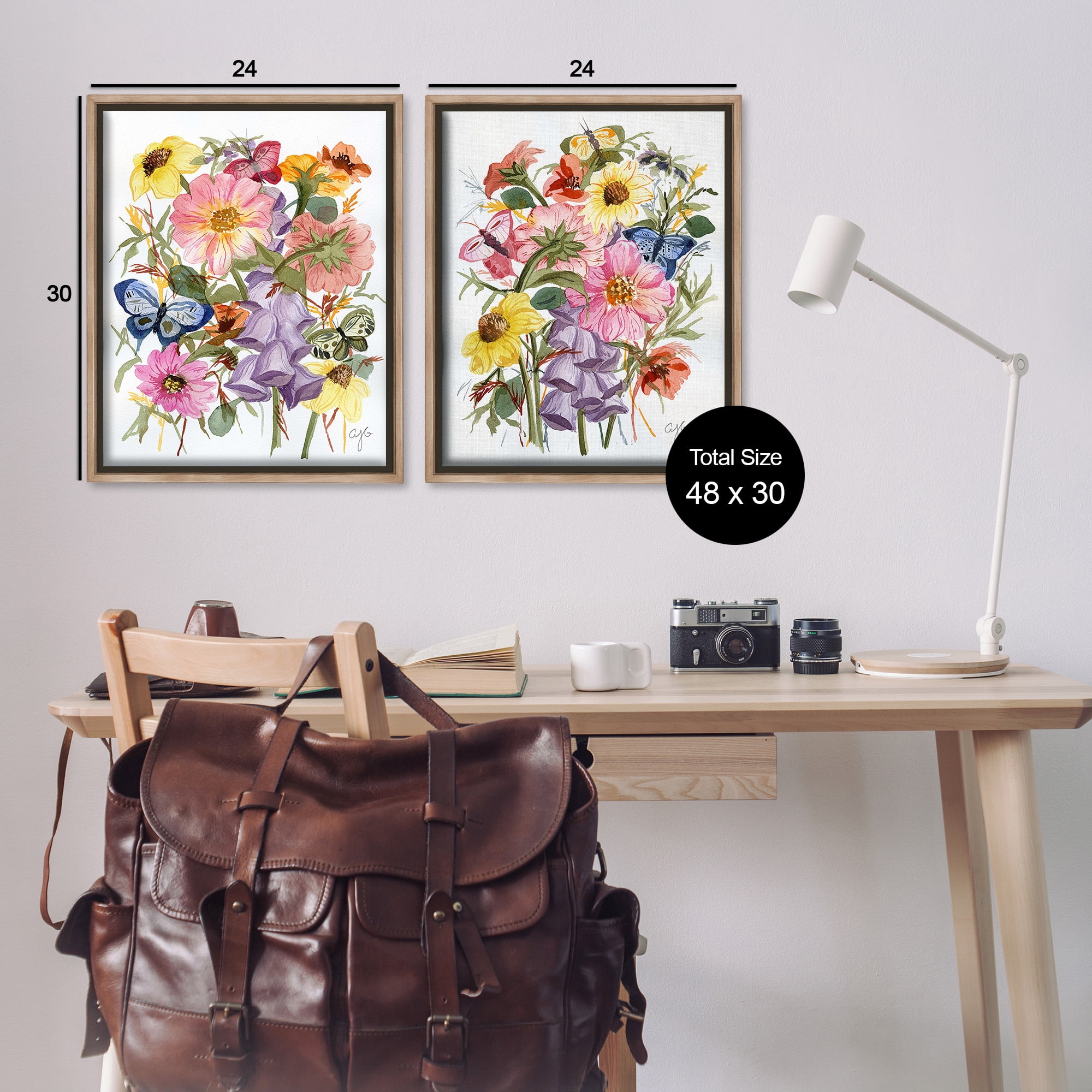 Stupell Industries Traditional Butterflies & Florals Botanical & Floral Painting Brown Floater Framed Canvas Art Print Wall Art, 25 x 31, Set of 2